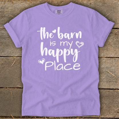 Purple t-shirt with white text that reads "the barn is my happy place".