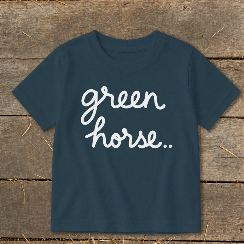 Dark blue t-shirt with white cursive text "green horse..".