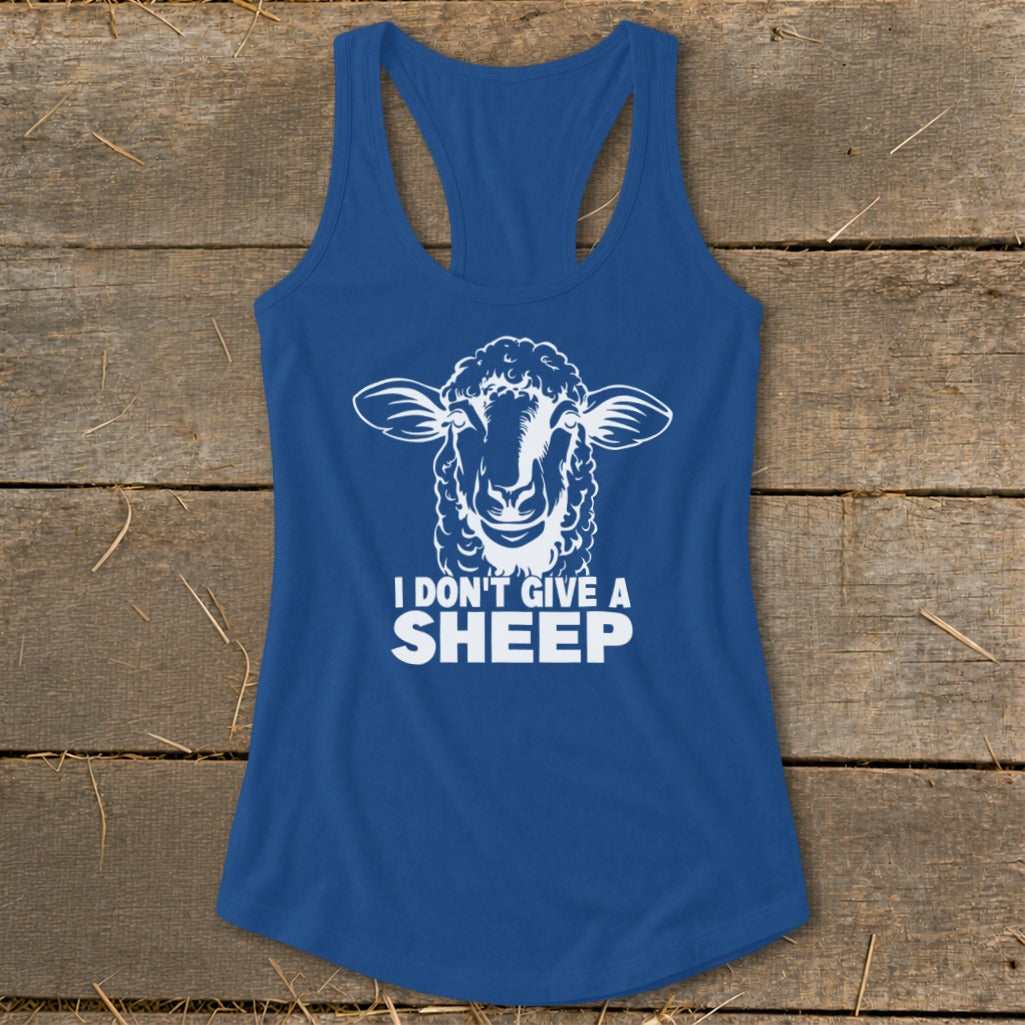 Blue tank top with a white graphic of a sheep's head and the text "I DON'T GIVE A SHEEP".