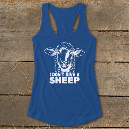 Blue tank top with a white graphic of a sheep's head and the text "I DON'T GIVE A SHEEP".