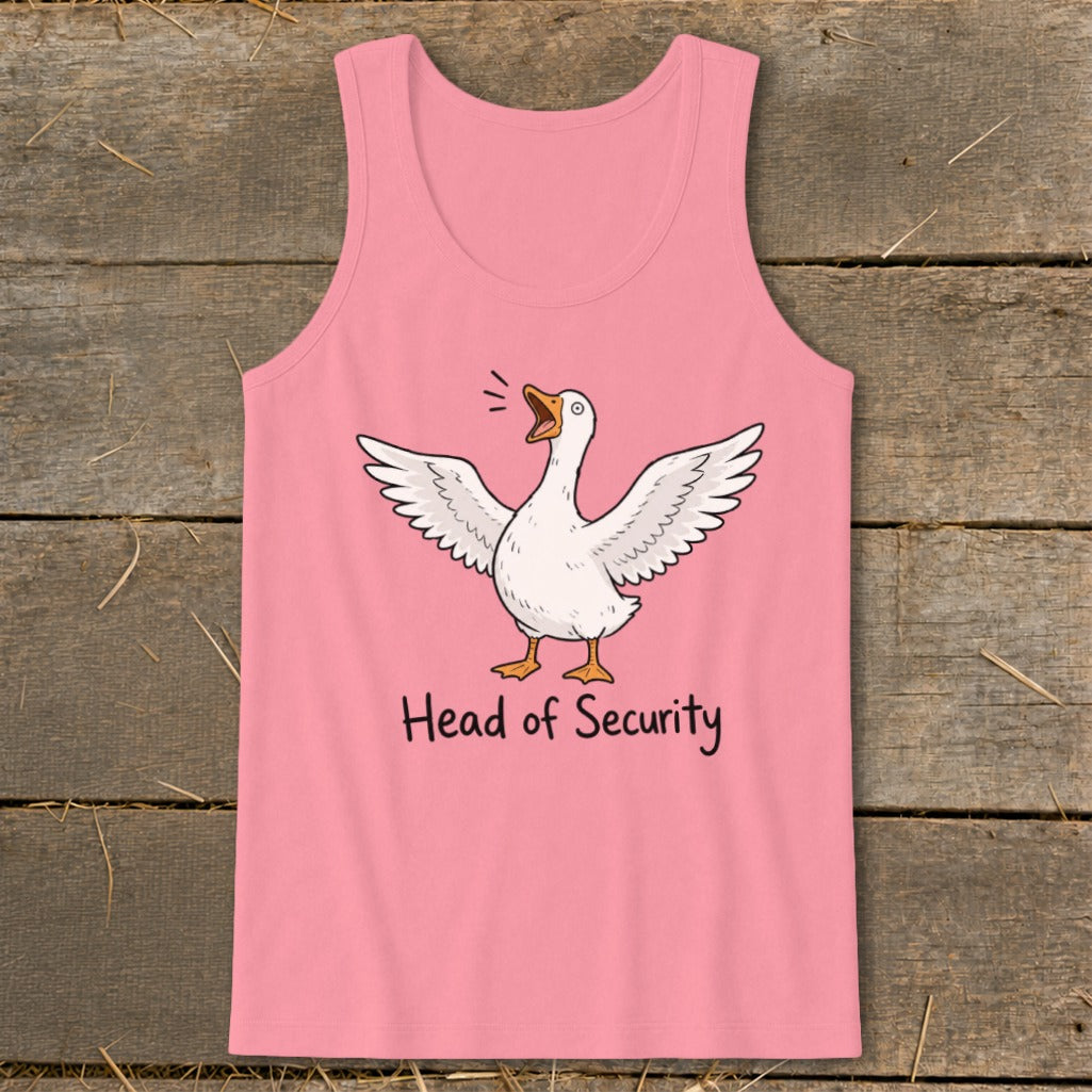 Pink tank top with a cartoon goose and "Head of Security" text.
