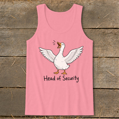 Pink tank top with a cartoon goose and "Head of Security" text.