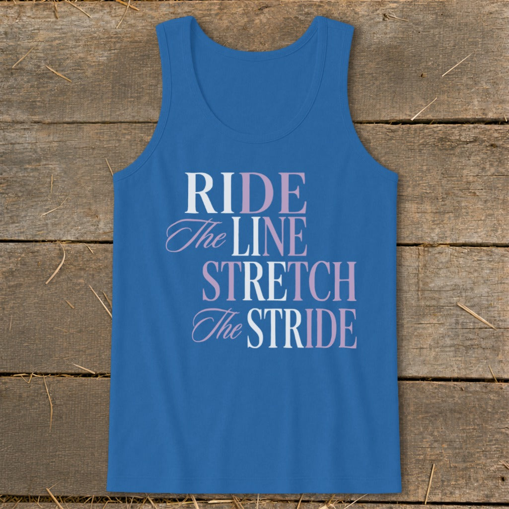 Blue tank top with text: RIDE, The Line, STRETCH, The Stride.