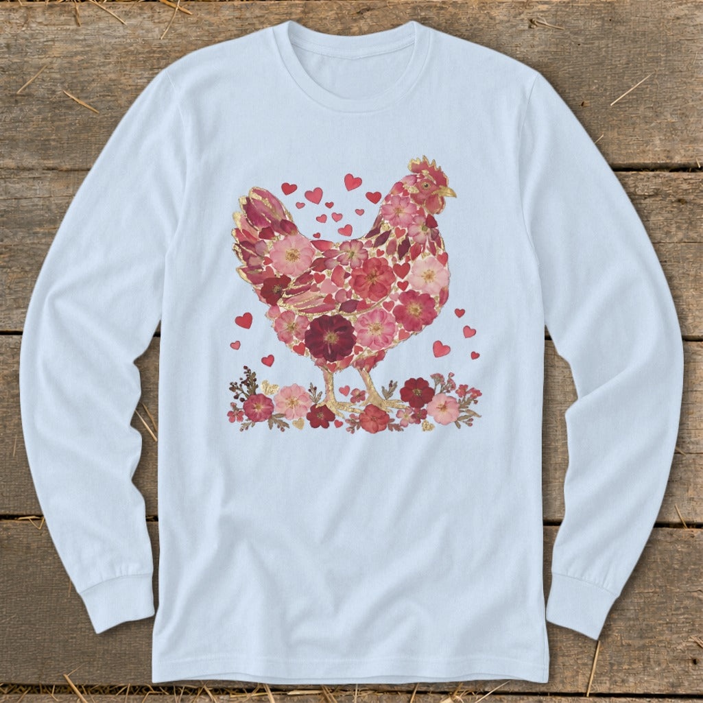 Long-sleeve light blue shirt with a floral chicken and heart design.