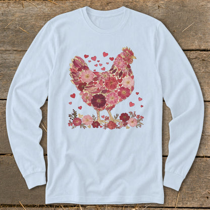 Long-sleeve light blue shirt with a floral chicken and heart design.
