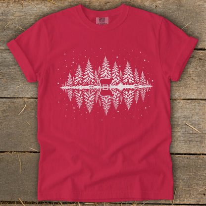 Red t-shirt with white graphic of pine trees reflecting in water with a guitar.