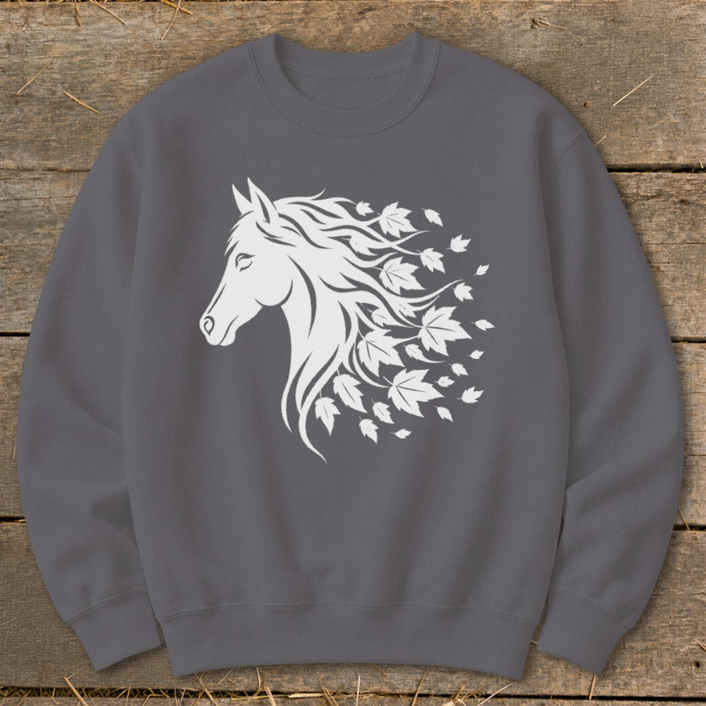 Grey sweatshirt with white horse head graphic and flowing mane made of leaves.