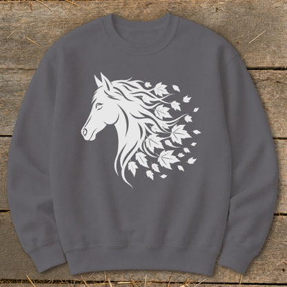 Grey sweatshirt with white horse head graphic and flowing mane made of leaves.