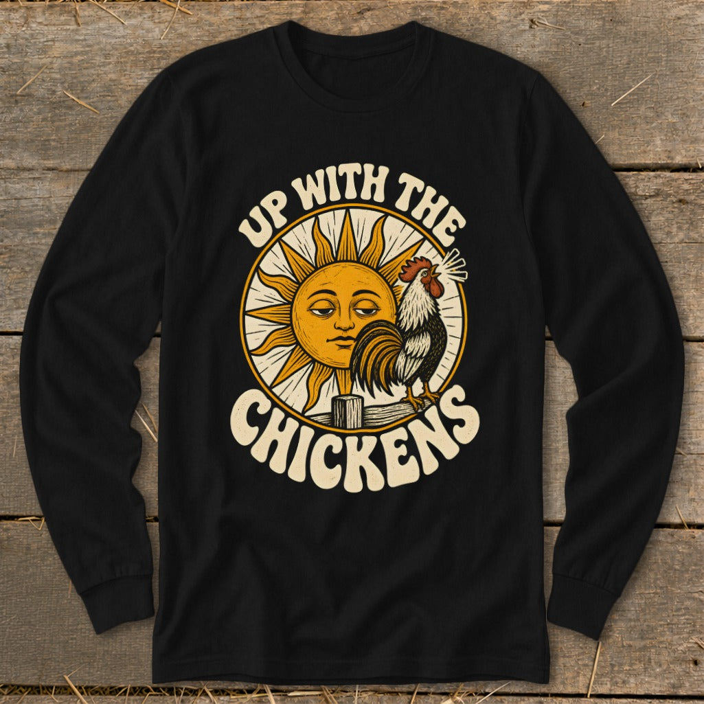 Black long-sleeve t-shirt featuring a retro graphic of a rooster crowing before a smiling sun.