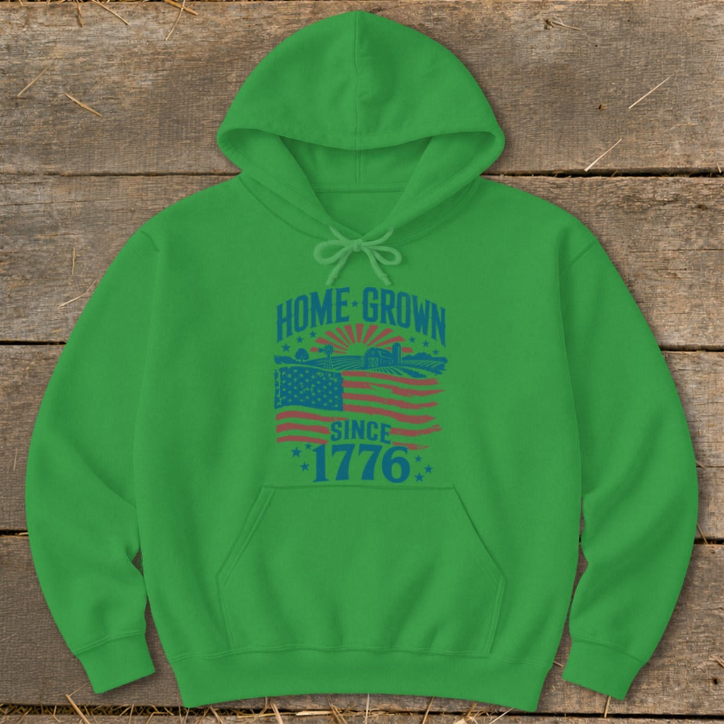 Green hoodie with "HOME GROWN SINCE 1776" text and American flag design.