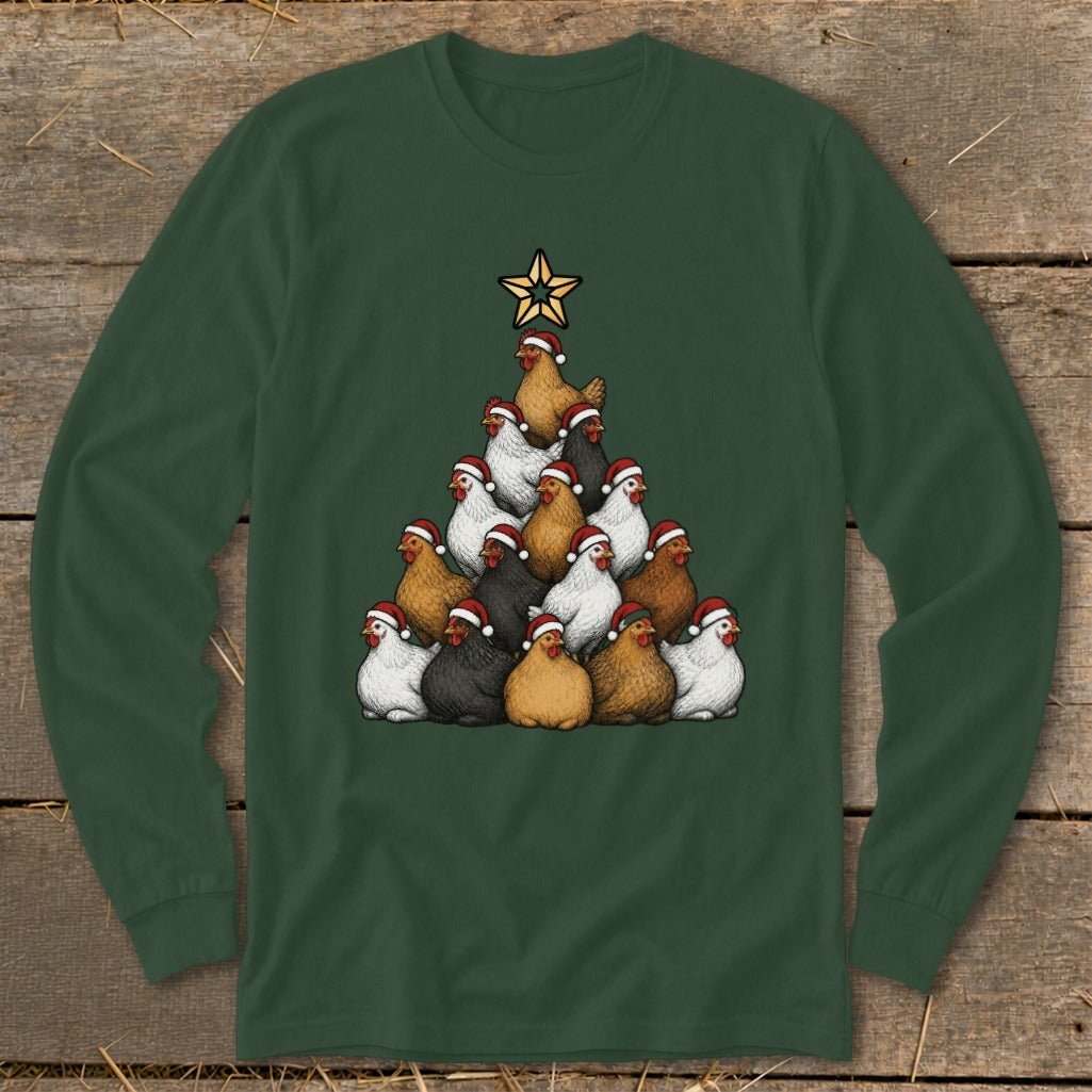 Christmas tree made of chickens wearing Santa hats with a star on top.