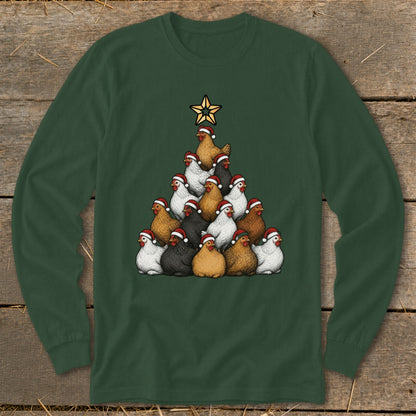 Christmas tree made of chickens wearing Santa hats with a star on top.