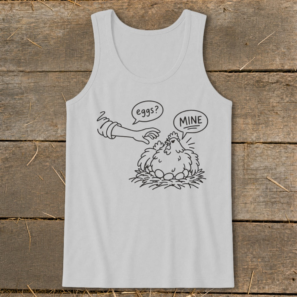 Line drawing of a chicken in a nest with eggs, saying "MINE" to a hand asking "eggs?".