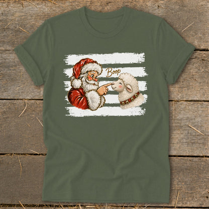 Santa boops a sheep with the word "Boop" written above.