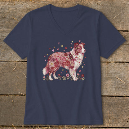 Navy v-neck t-shirt with a Border Collie covered in pink flowers and hearts.