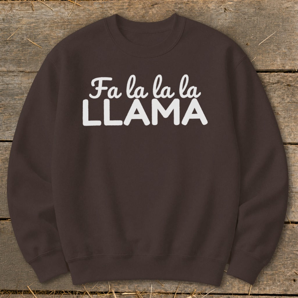 Brown sweatshirt with white text reading "Fa la la la LLAMA"
