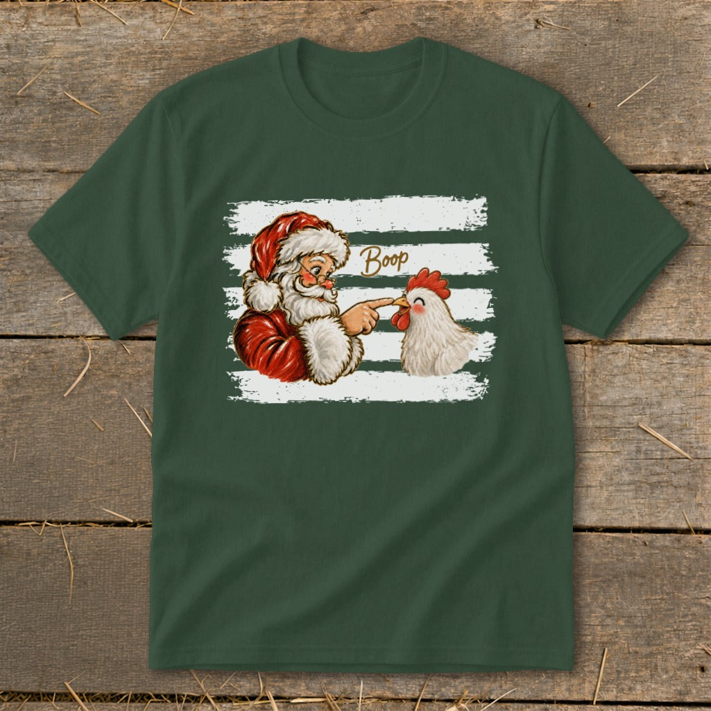 Santa booping a chicken with the word "Boop" on a green t-shirt.