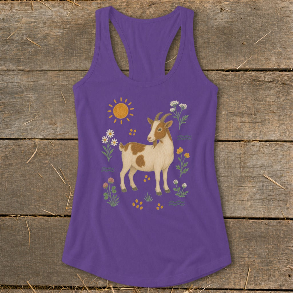 Purple tank top with a brown and white goat and floral graphic.