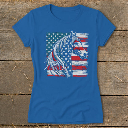 Blue t-shirt with a horse head superimposed on a distressed American flag design.