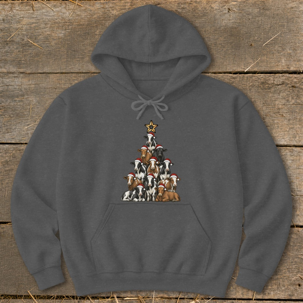 Dark grey hoodie with a Christmas tree made of cows wearing Santa hats.
