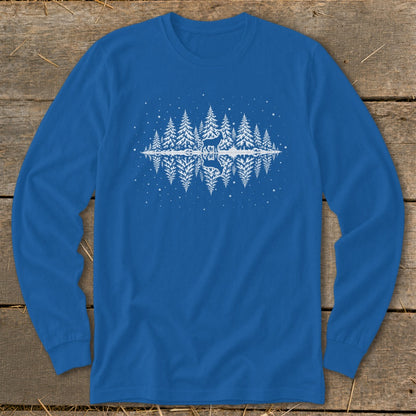 Blue long-sleeved shirt with a white reflection graphic of a deer and pine trees.