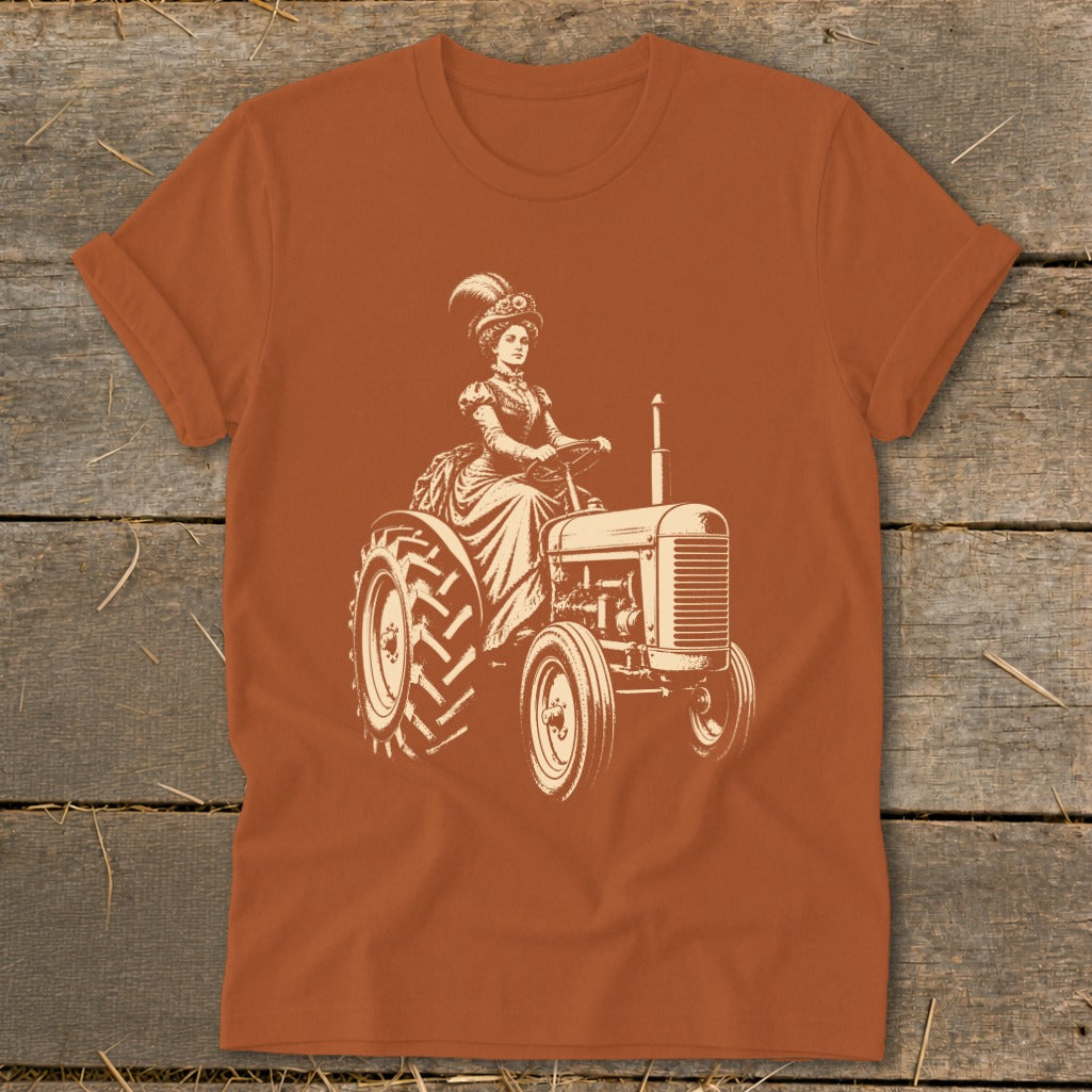Woman in Victorian dress and hat driving an antique tractor, vintage illustration.