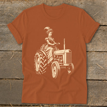 Woman in Victorian dress and hat driving an antique tractor, vintage illustration.
