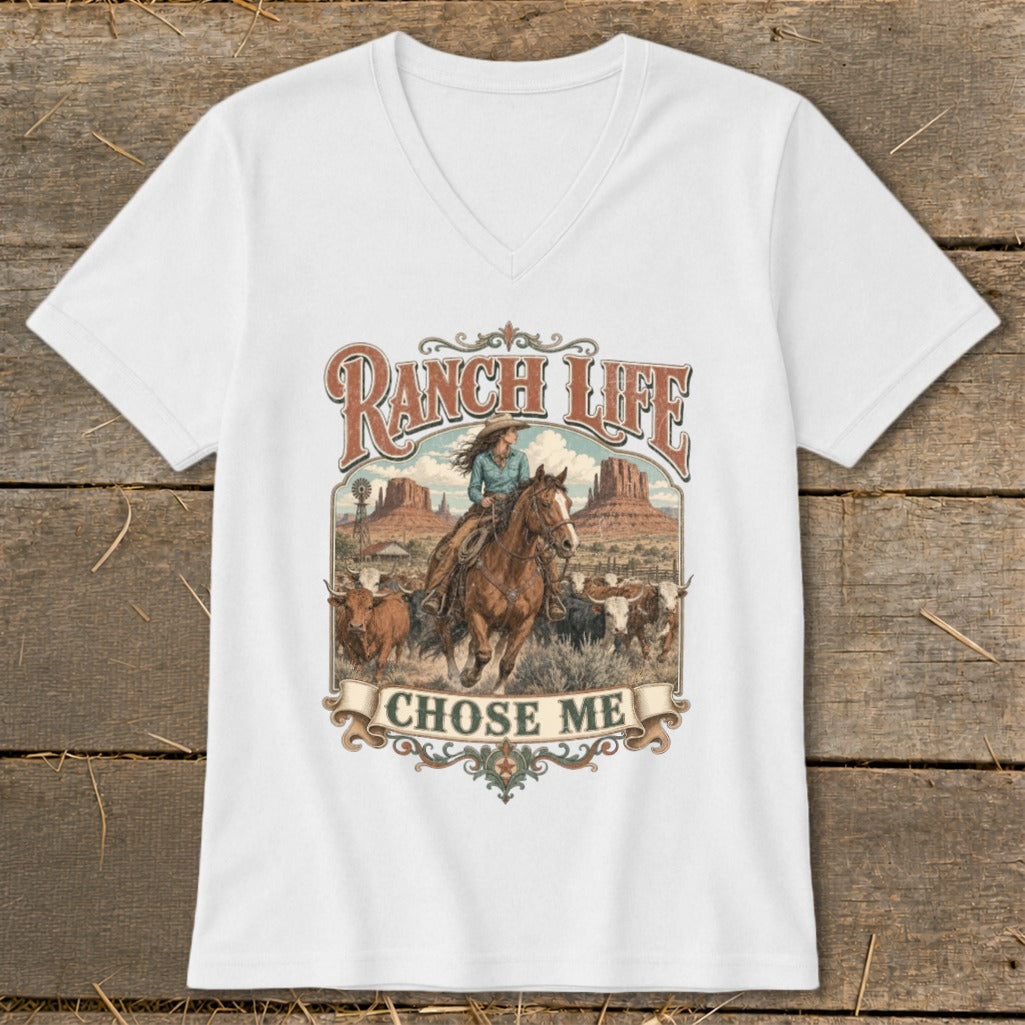 Ranch Life chose me graphic with woman on horseback and cattle.