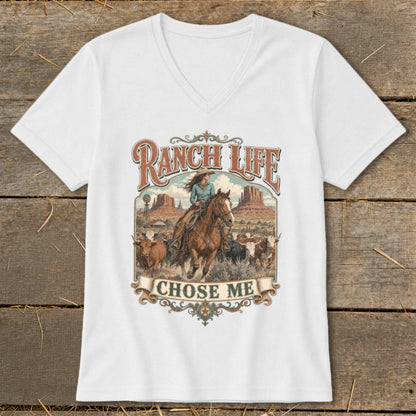 Ranch Life chose me graphic with woman on horseback and cattle.