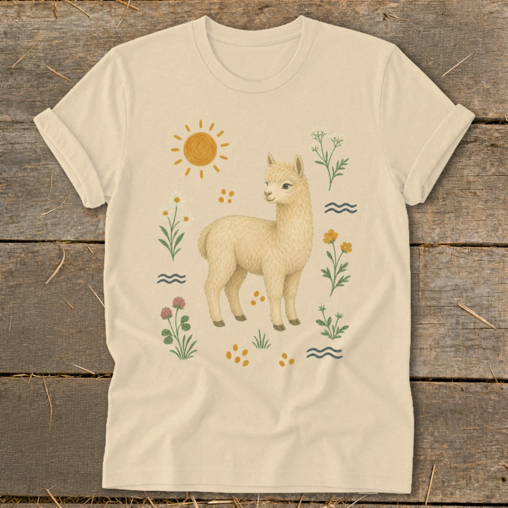 Cream t-shirt with a light yellow alpaca illustration surrounded by flowers and sun.