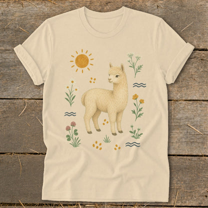 Cream t-shirt with a light yellow alpaca illustration surrounded by flowers and sun.