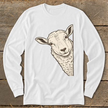 White long-sleeve shirt with a drawing of a sheep peeking from the side.