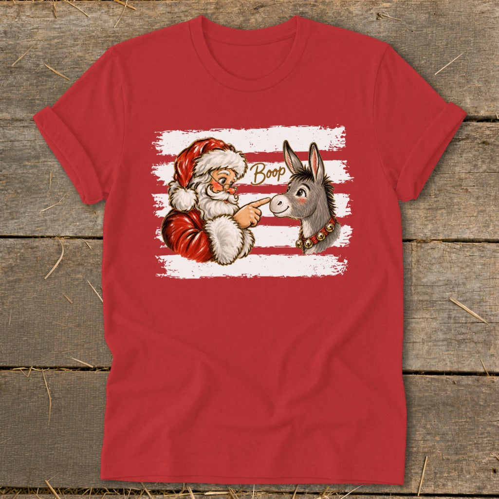 Santa playfully boops a donkey on the nose, with "Boop" text above.