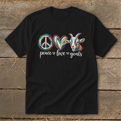 Black t-shirt with "Peace Love Goats" and colorful goat graphic.