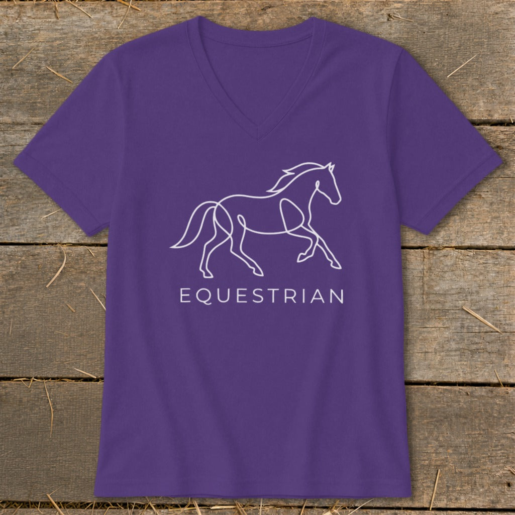 Purple v-neck t-shirt with a white line drawing of a horse and the word EQUESTRIAN.