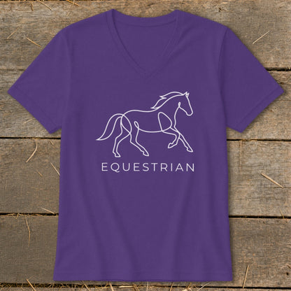 Purple v-neck t-shirt with a white line drawing of a horse and the word EQUESTRIAN.