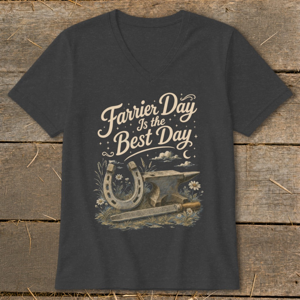 Dark grey v-neck t-shirt with "Farrier Day Is the Best Day" text and horseshoe, anvil, file illustration.
