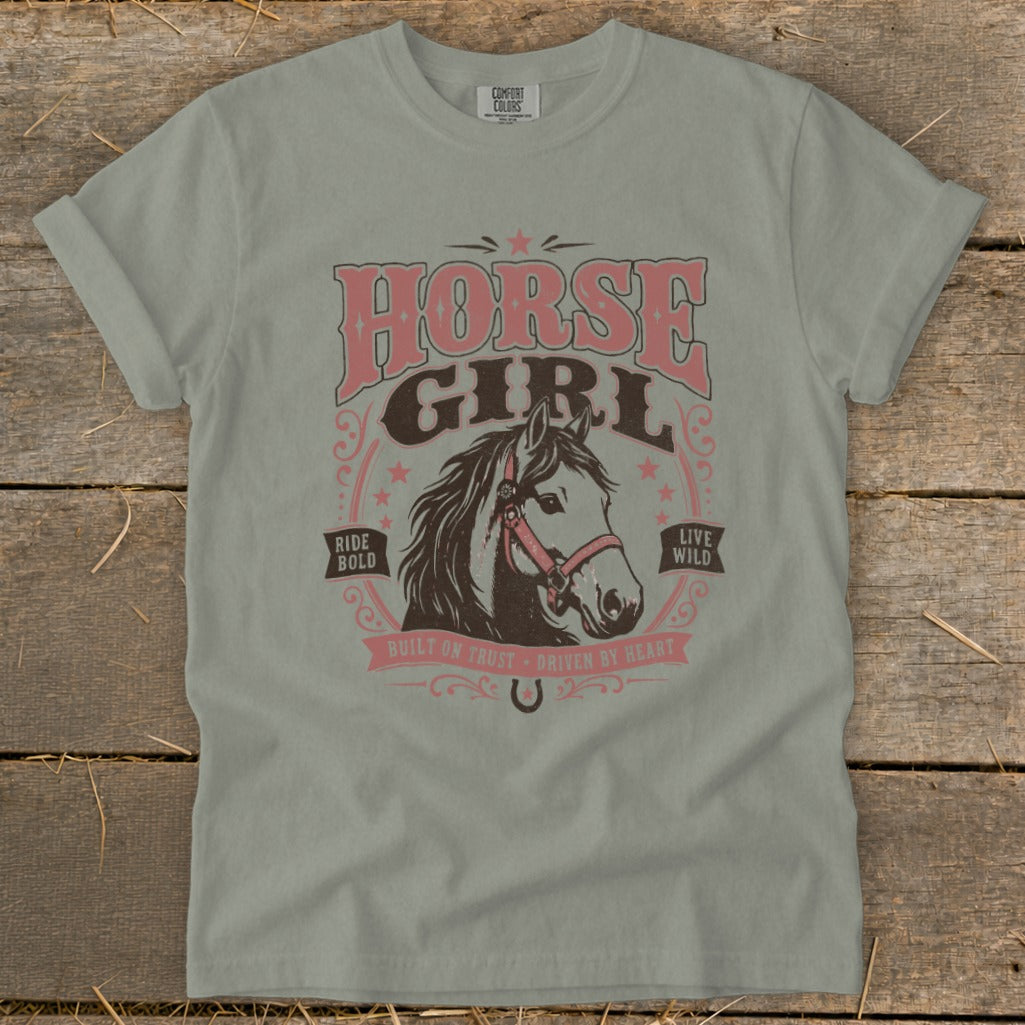 "Horse Girl" graphic tee with horse head, "Ride Bold, Live Wild."