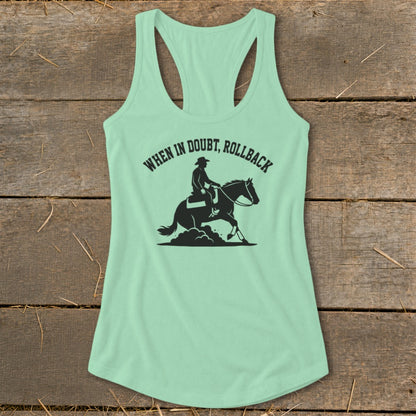 Light green tank top with "When in doubt, rollback" and a horse and rider graphic.