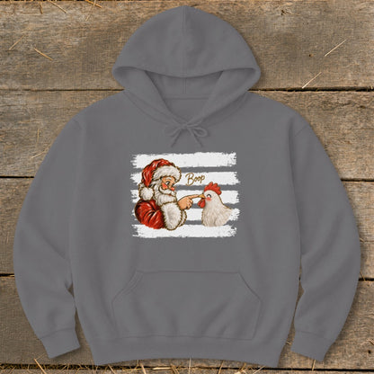 Santa booping a chicken with the word "Boop" on a distressed striped background.