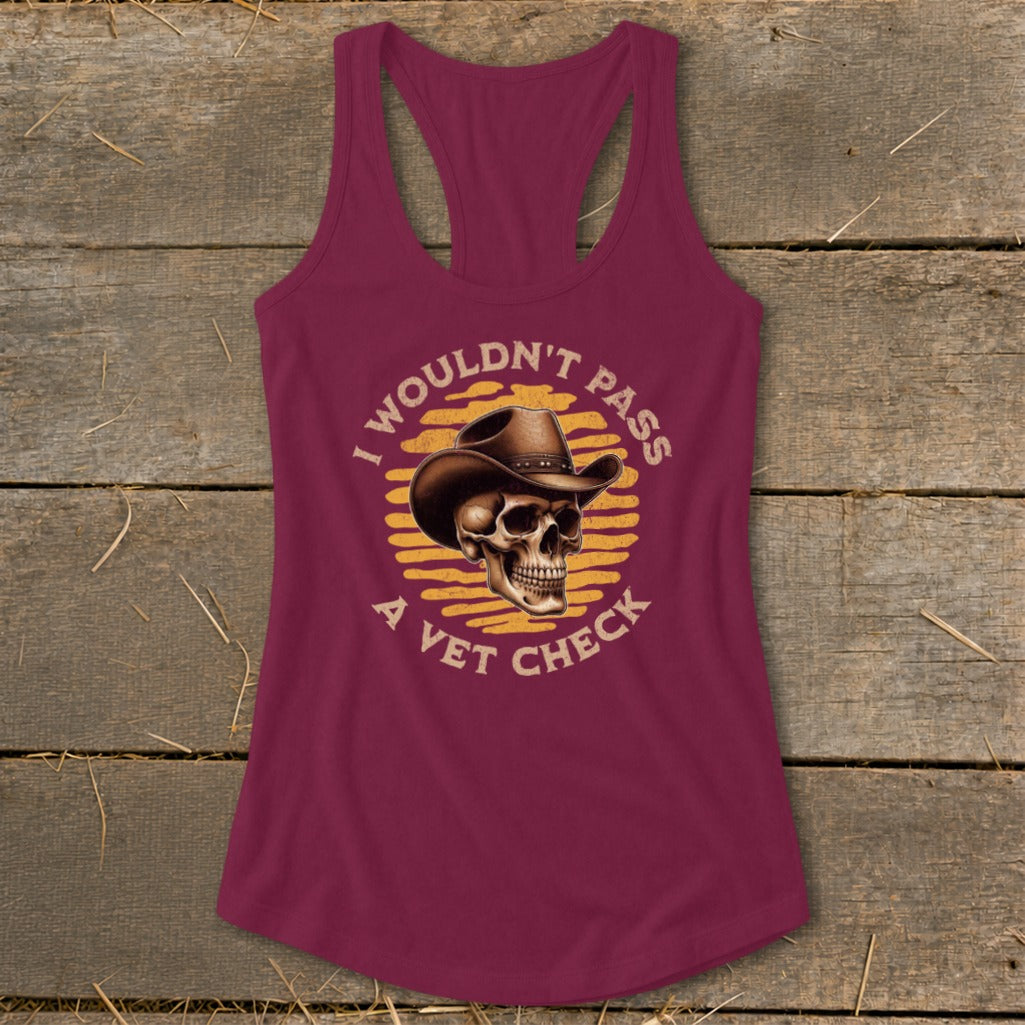 Burgundy tank top with a skull wearing a cowboy hat and text.