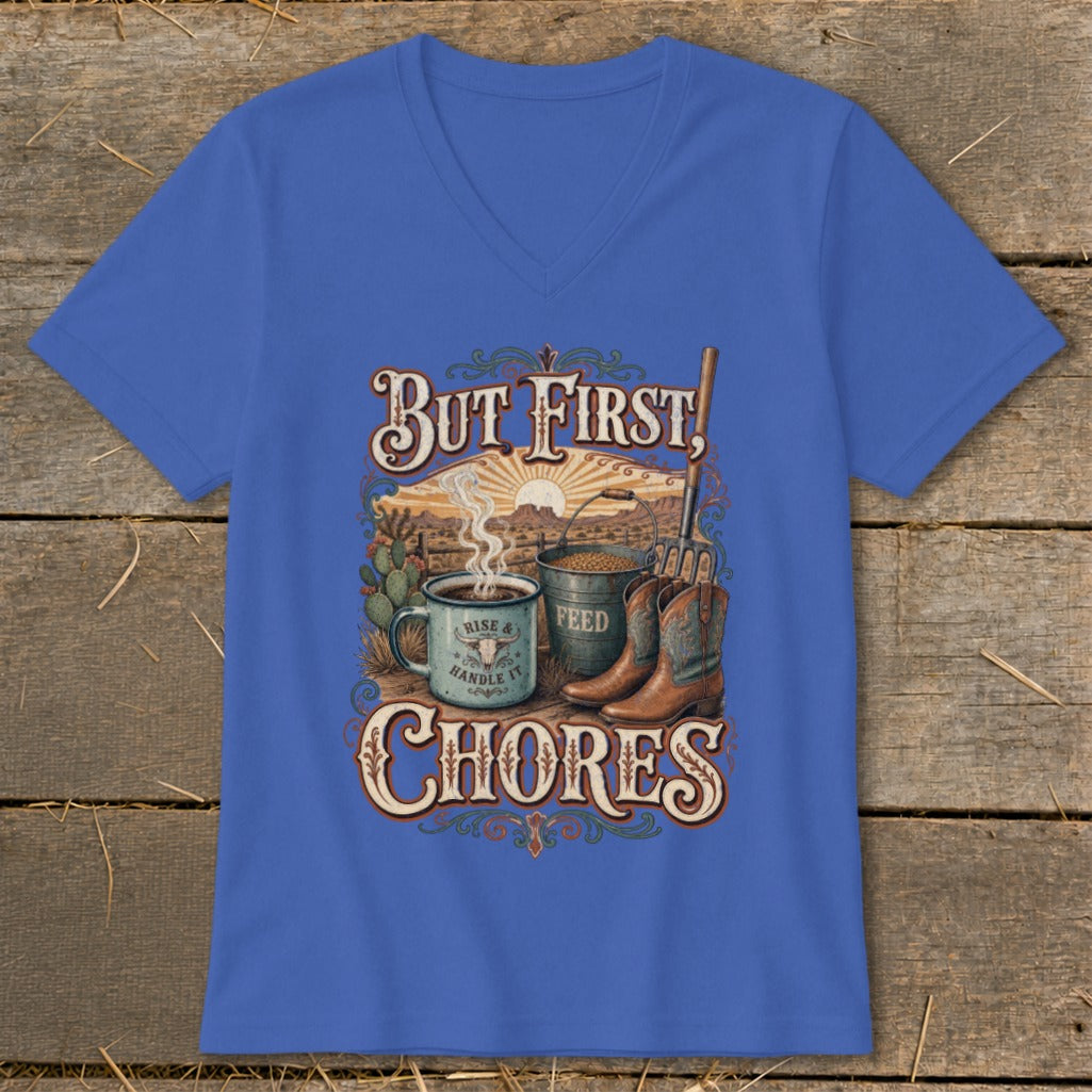 Blue v-neck shirt with graphic: "But First, Chores" with coffee, feed bucket, and boots.