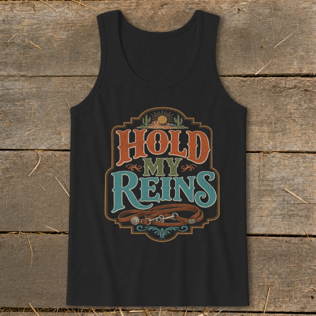 Black tank top with vintage "Hold My Reins" graphic and horse tack.