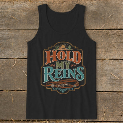 Black tank top with vintage "Hold My Reins" graphic and horse tack.