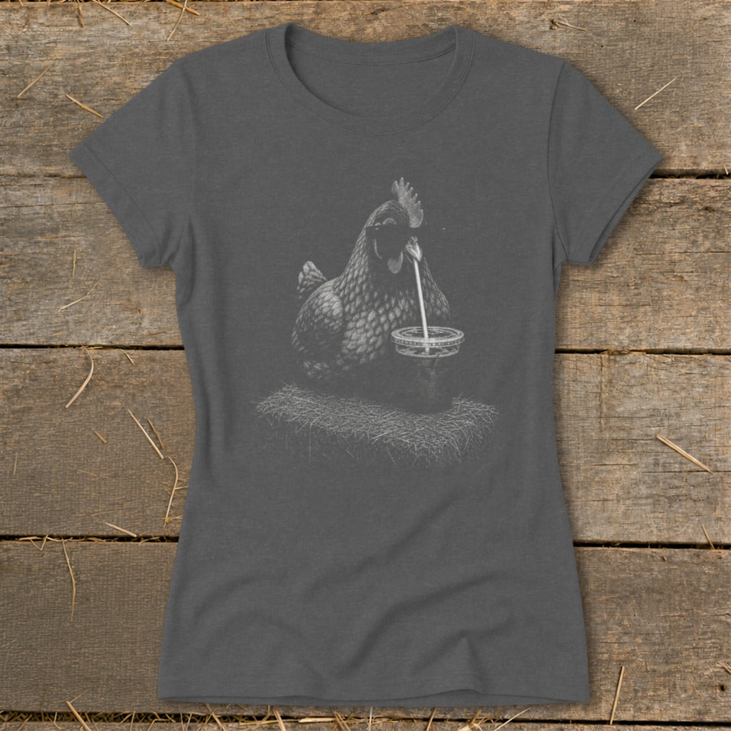 T-shirt graphic of a chicken drinking from a cup with a straw.