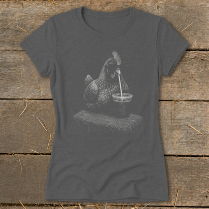 T-shirt graphic of a chicken drinking from a cup with a straw.