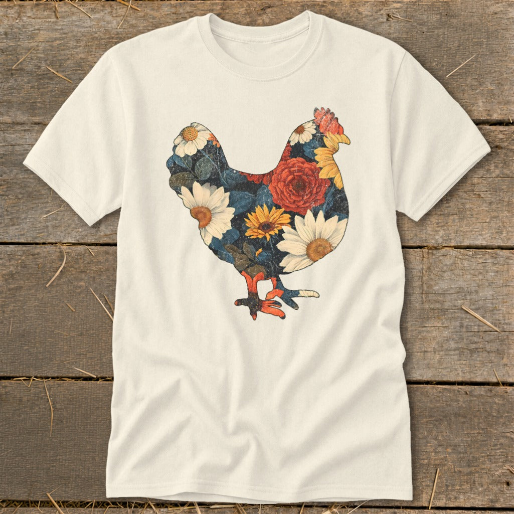 Cream t-shirt with a chicken silhouette filled with a floral pattern.