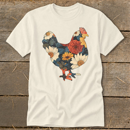 Cream t-shirt with a chicken silhouette filled with a floral pattern.