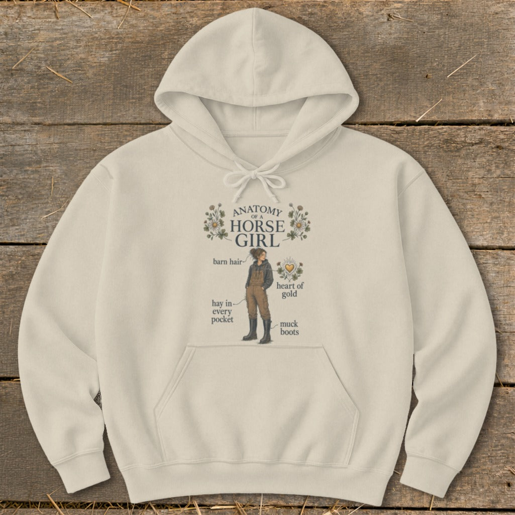 Cream hoodie with "Anatomy of a Horse Girl" graphic and humorous labels.