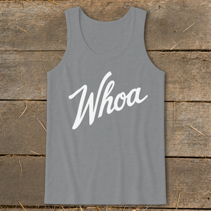 Grey tank top with "Whoa" in white cursive text.